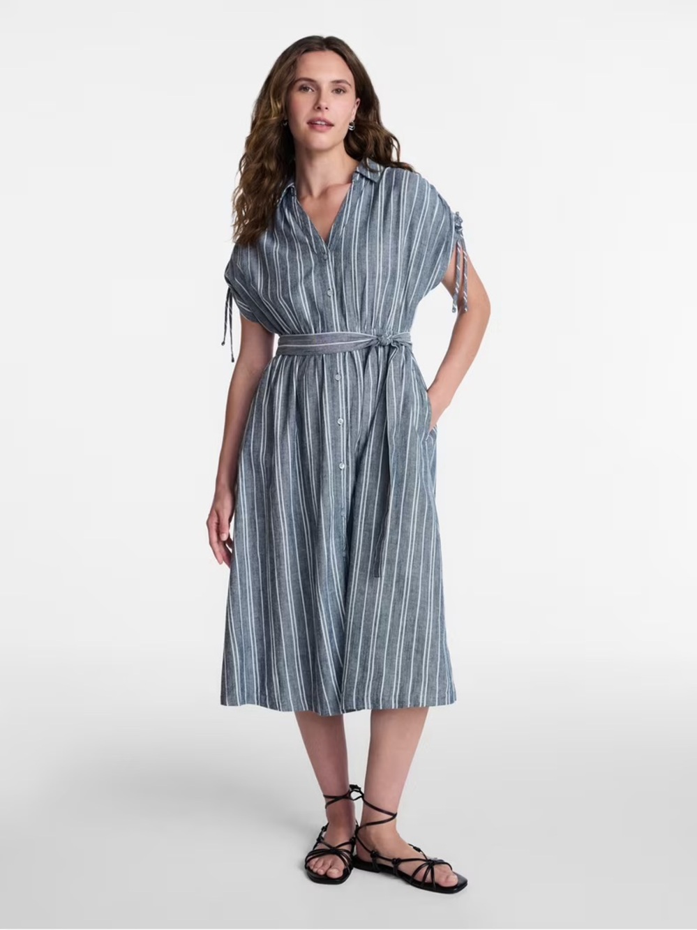 Time and Tru Gray Striped Button-Front Midi Dress with Tie Belt